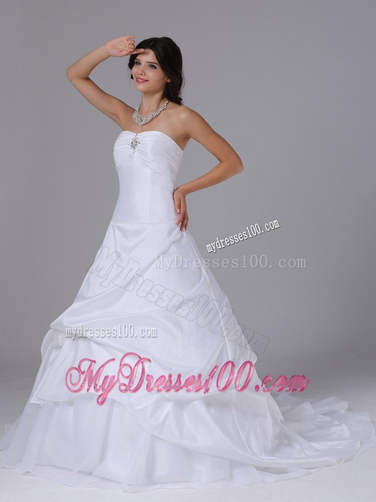 Ruches and Flowers Accent on Strapless White Taffeta Wedding Gowns