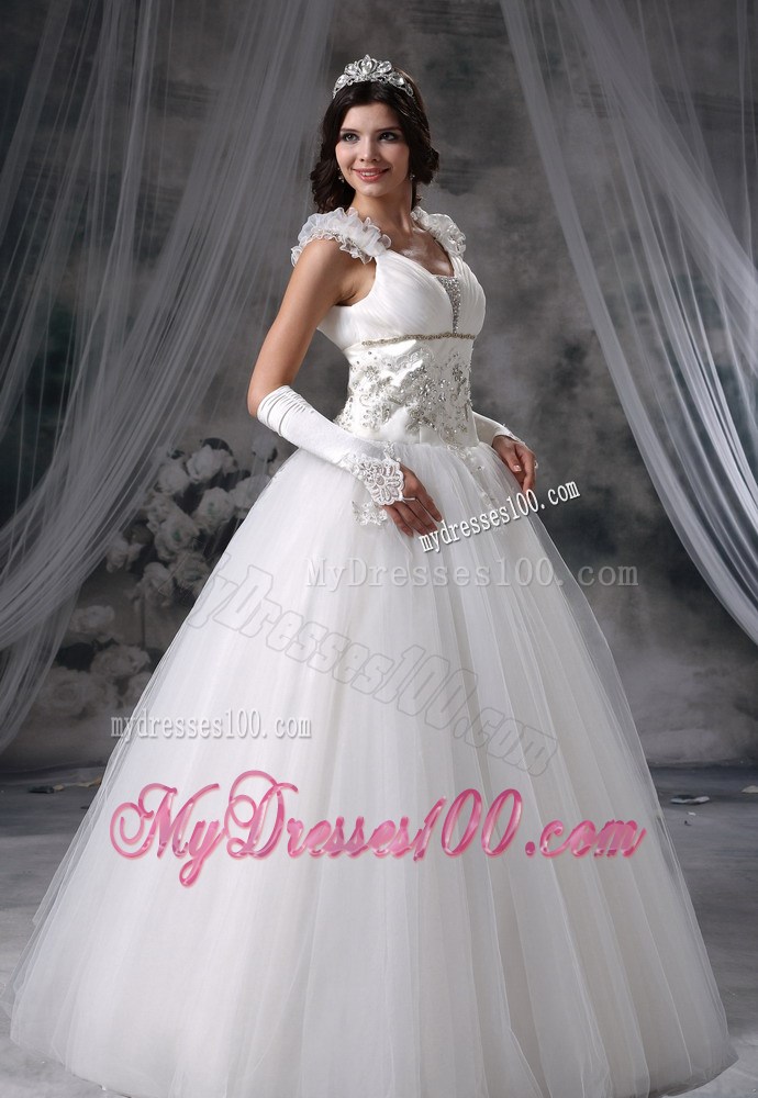 Straps Beaded and Ruched Floor-length Sleeveless Wedding Dresses