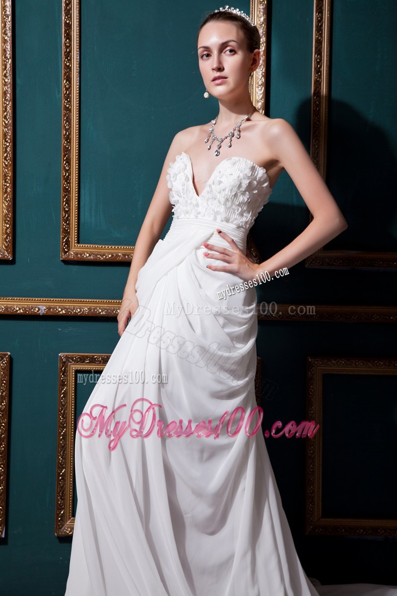 Strapless Sweetheart Floral Embellishment White Wedding Gown with Ruffles