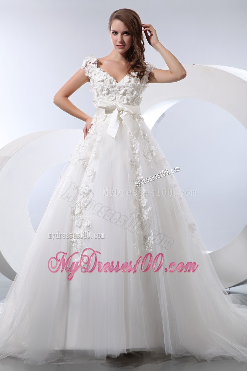 Flowers and Bowknot Accent Chapel Train V-neck Wedding Dresses