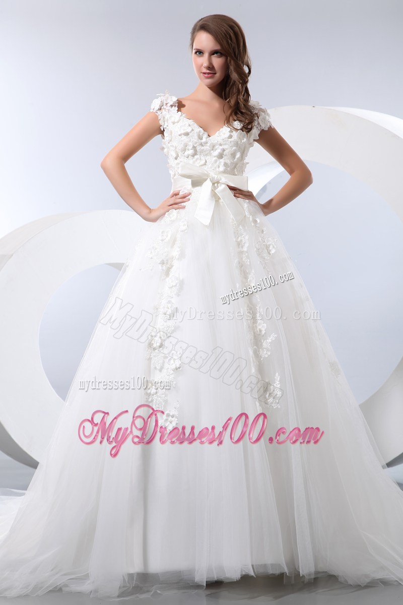 Flowers and Bowknot Accent Chapel Train V-neck Wedding Dresses