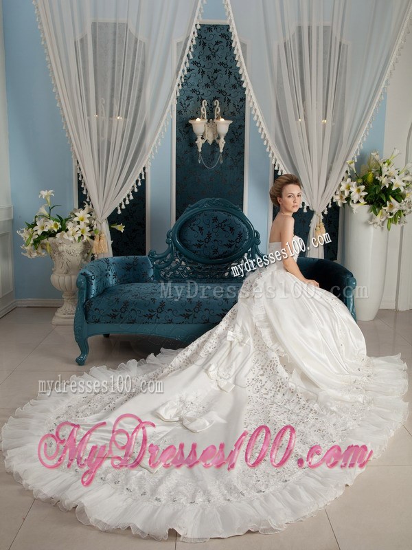 Remarkable Strapless Cathedral Train Appliques Wedding Dress