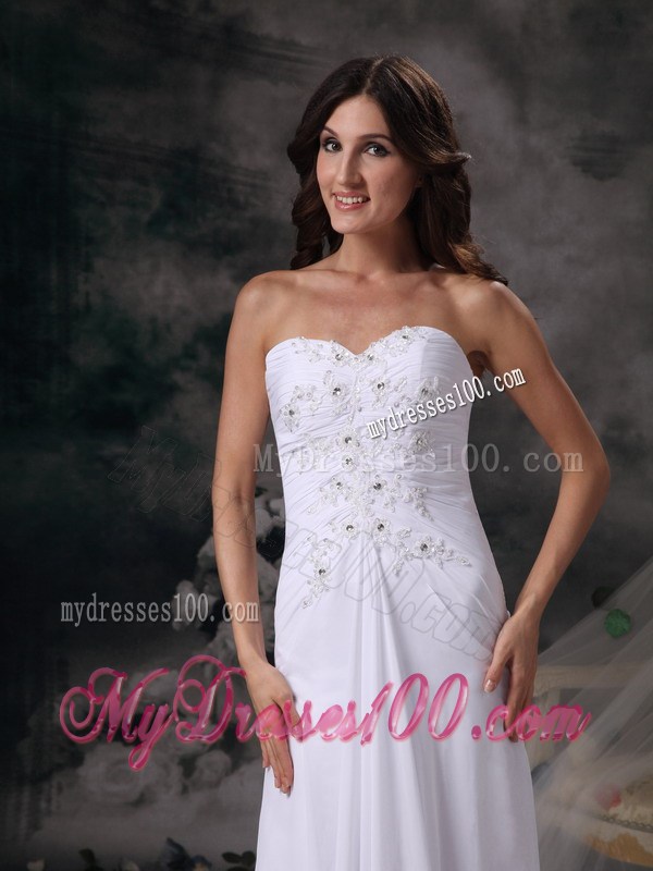 Simple Style Column Sweetheart Beaded White Wedding Dress Brush Train