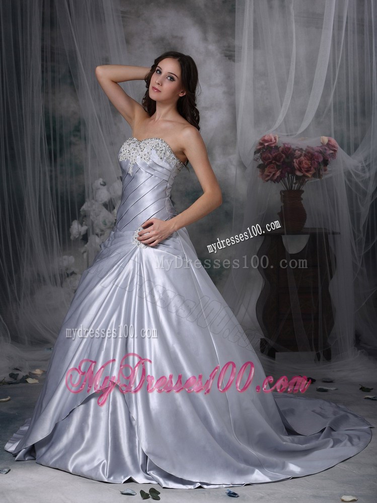 New Style Court Train Beaded Ruche Strapless Silver Wedding Dress