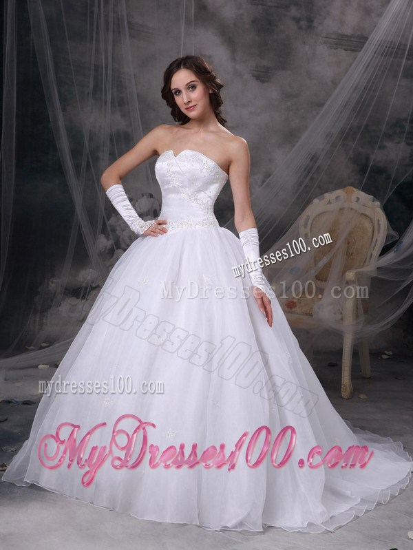 Appliques Split Neckline Brush Train Wedding Gowns with Puffy Skirt For Lady