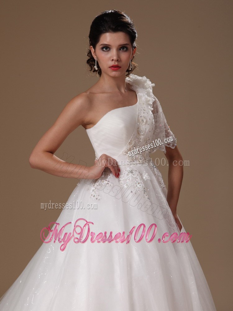 Appliques Court Train Wedding Gown with one Short Butterfly Sleeve