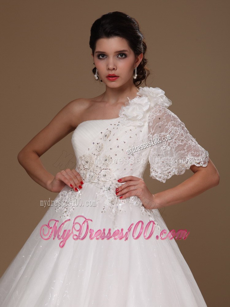 Appliques Court Train Wedding Gown with one Short Butterfly Sleeve