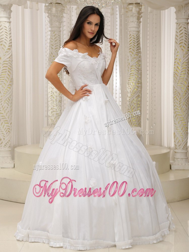 Flowery Floor-length Taffeta Appliqued Wedding Dress off Shoulder