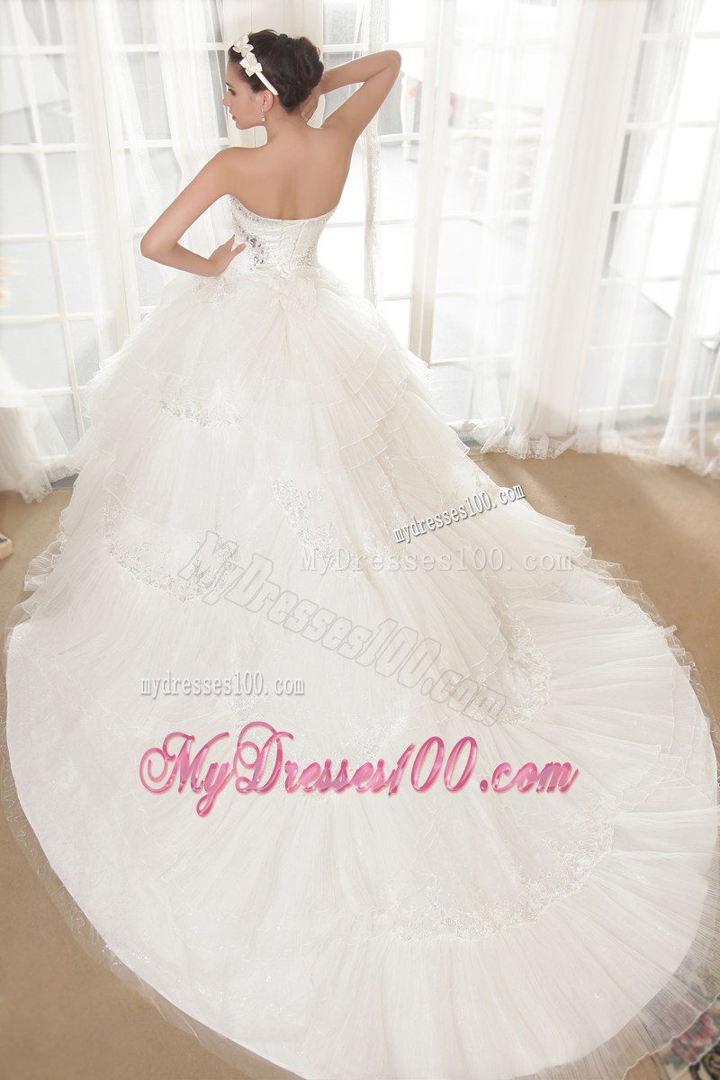 Big Diamonds Ruffles and Sequins Chapel Train Dress for Wedding with Lace Edge