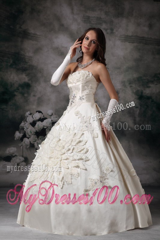 Big Floral Appliques Beaded White Wedding Gown Zipper-up Back