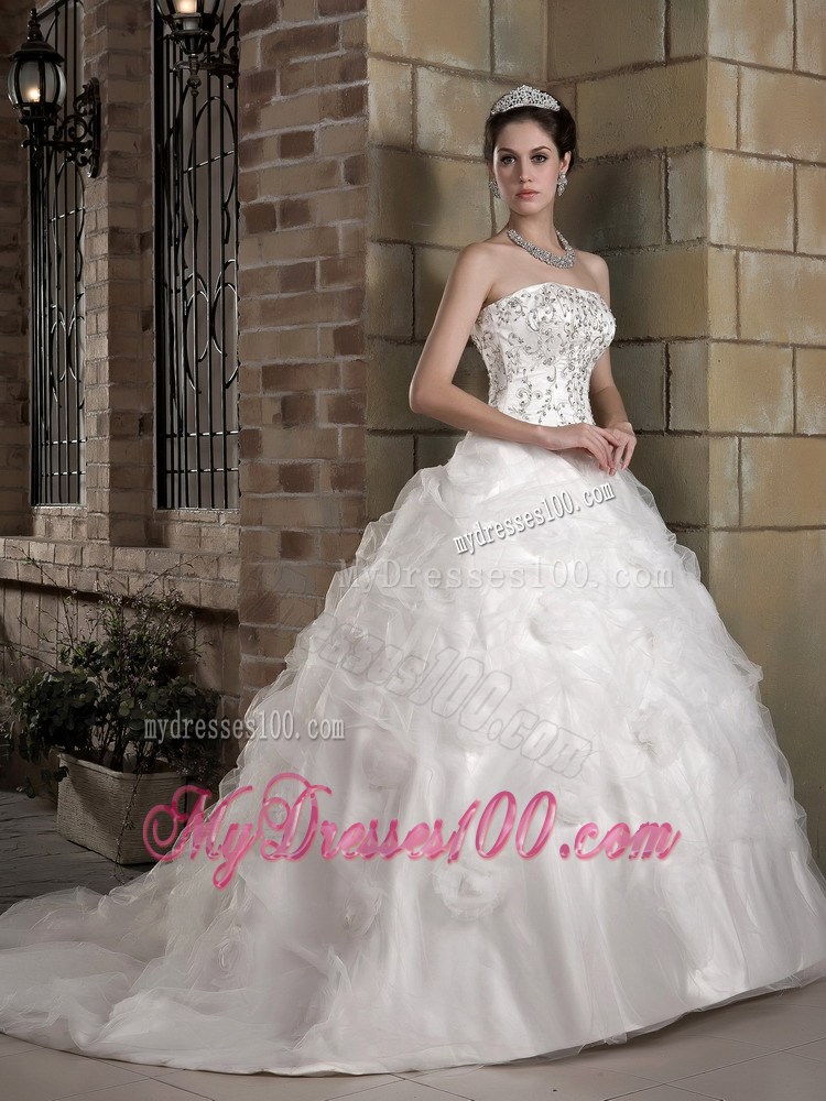 Diamonds Pick-ups and Appliques Decorated Court Train Dress for Brides