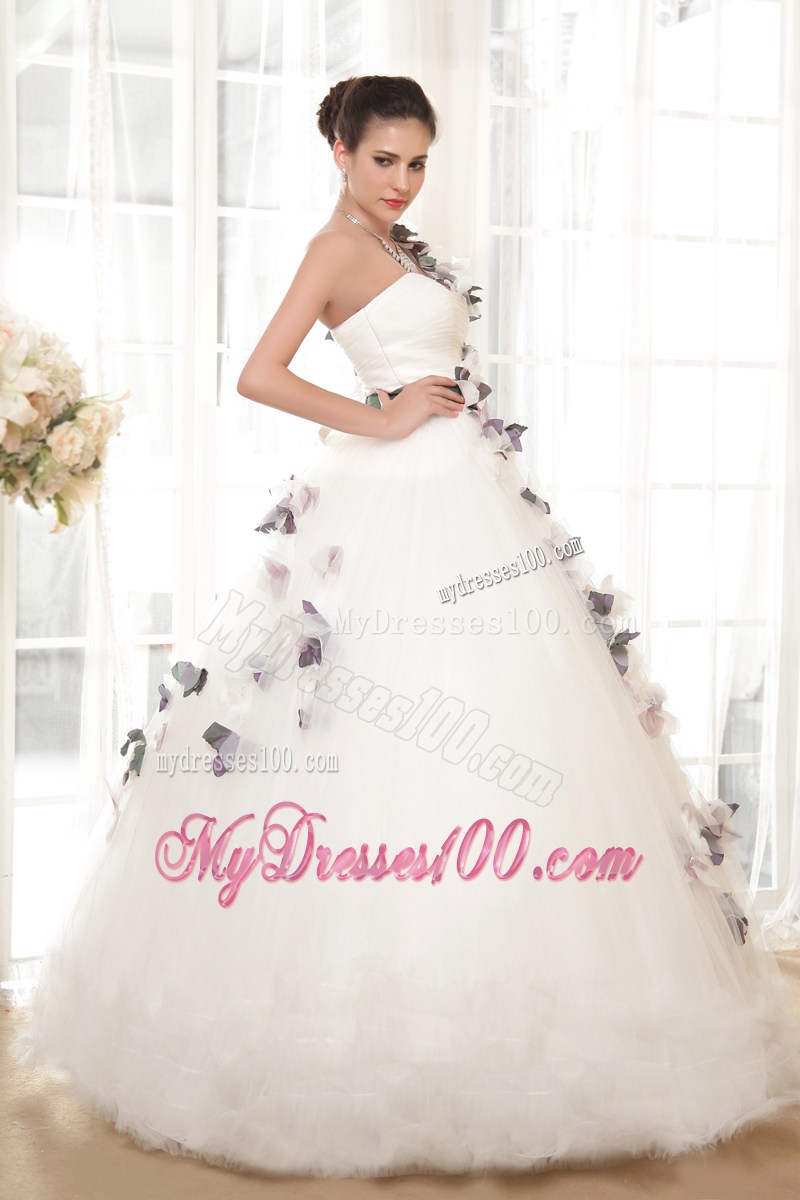 Hand Made Flowers One Shoulder Wedding Dress with Sash and Ruffled Hemline