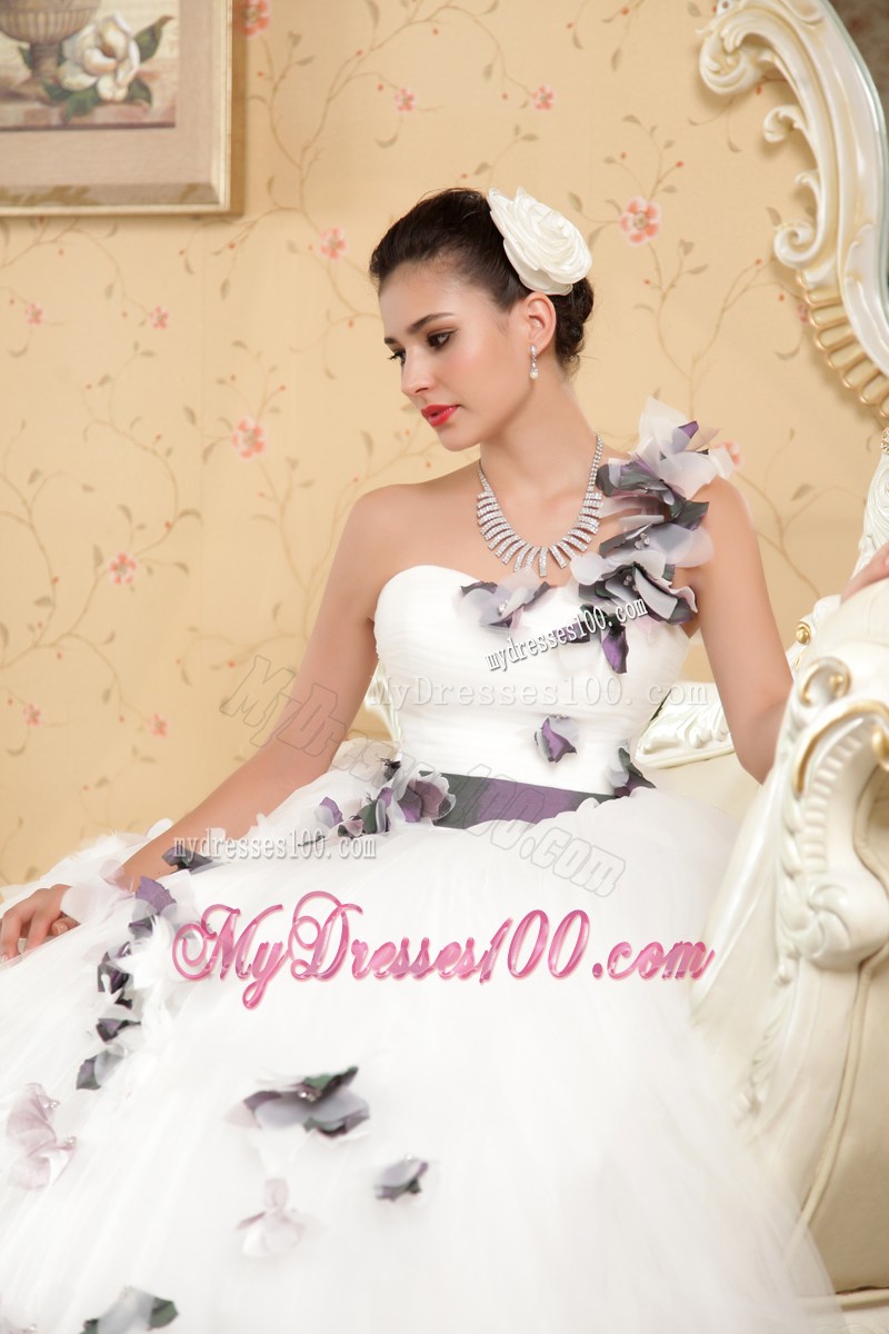 Hand Made Flowers One Shoulder Wedding Dress with Sash and Ruffled Hemline