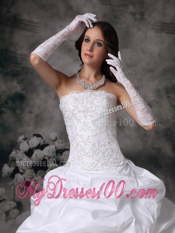 Lace and Taffeta Court Train Wedding Gowns with Pick-ups and Beading