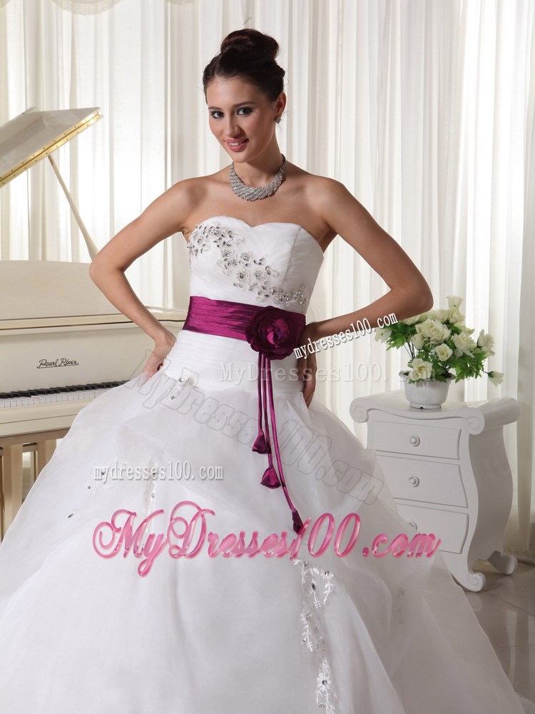 Beaded White Organza Court Train Wedding Gown with Fuchsia Flower Belt