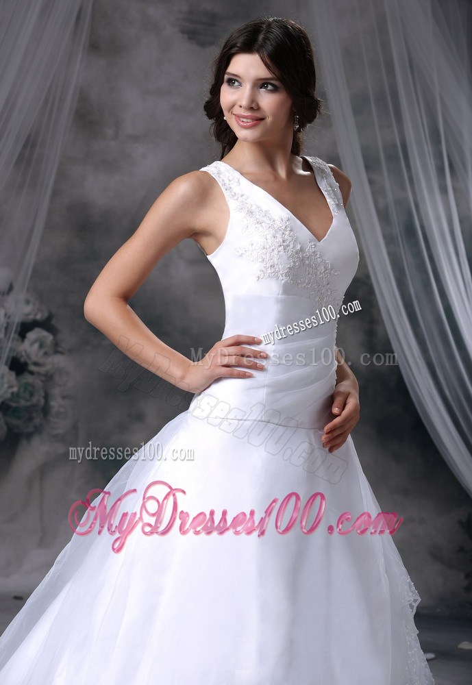 Simple Style V-neck White Wedding Gown Court Train Appliques