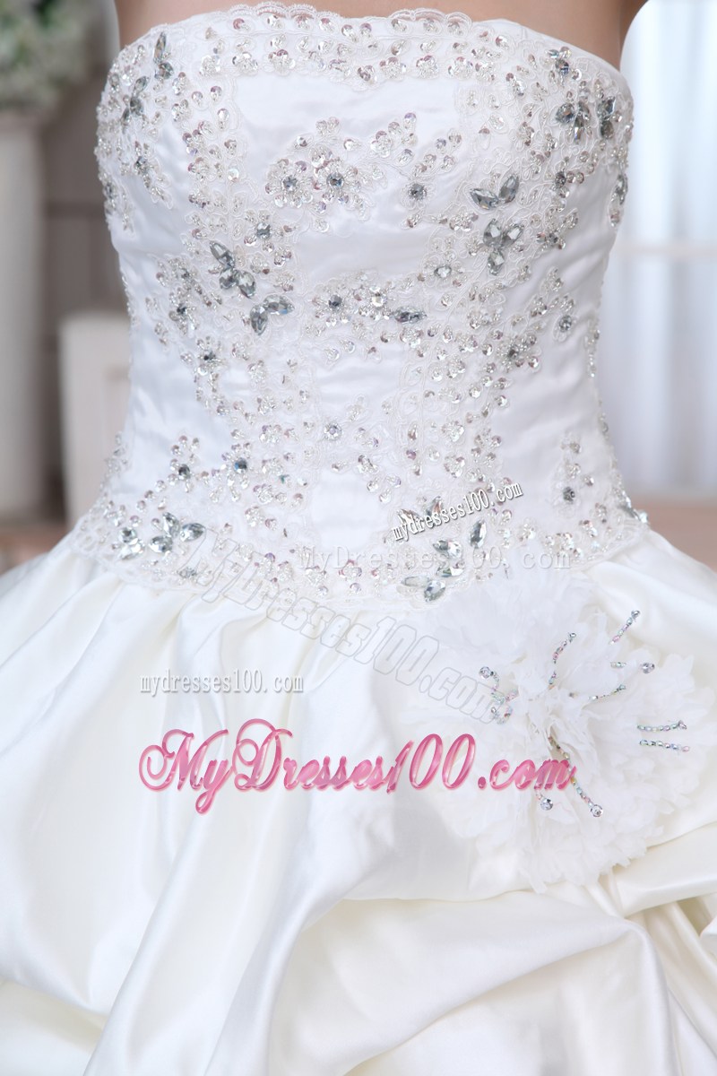 Appliques with Beading Decorated Pick-ups Chapel Train Wedding Dress