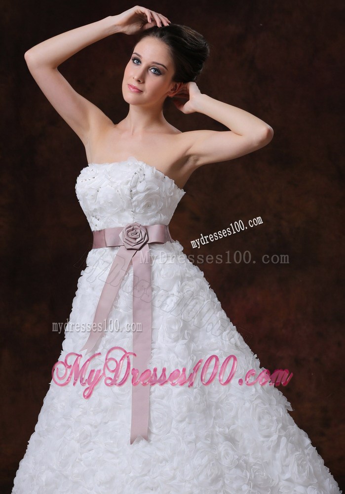 Exquisite Rolling Flowers and Sash Court Train Bridal Gown for Destination