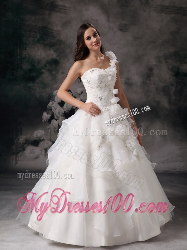 Hand Made Flower One Shoulder Beading Tiers Floor-length Wedding Dresses