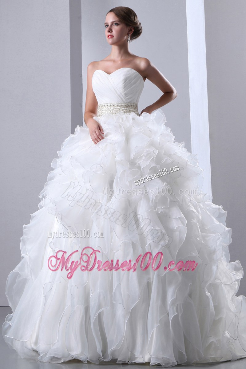 Ruched and Ruffled Chapel Train Wedding Gown with Beading Accent Waist