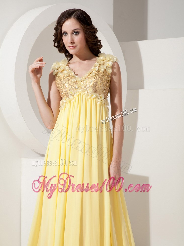 Flowers and Beading Accent on V-neck Court Train Light Yellow Chiffon Prom Gown