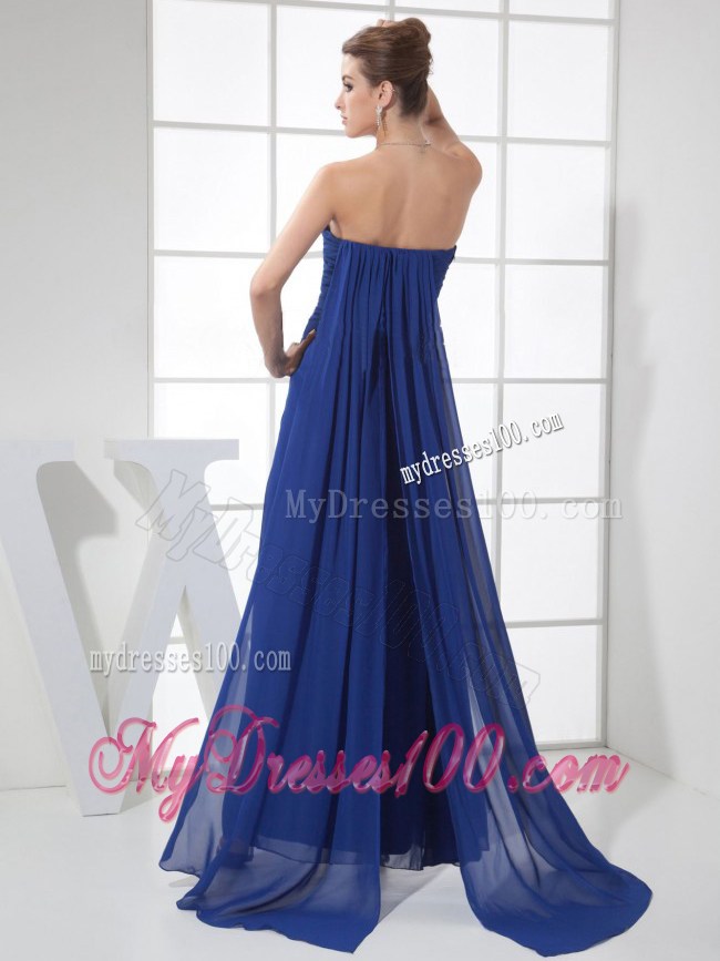 Royal Blue Sweetheart Ruched Chiffon Prom Dress with High Slit and Watteau Train