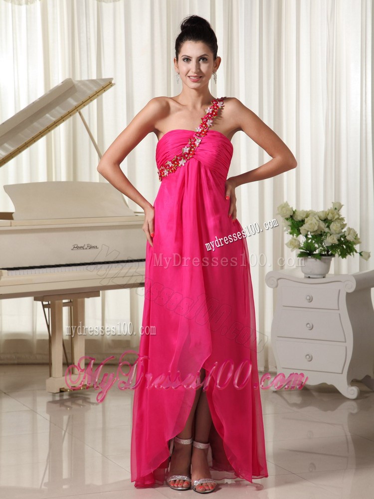 High-low Appliqued one Shoulder Floor-length Watteau Train Prom Gown in Hot Pink