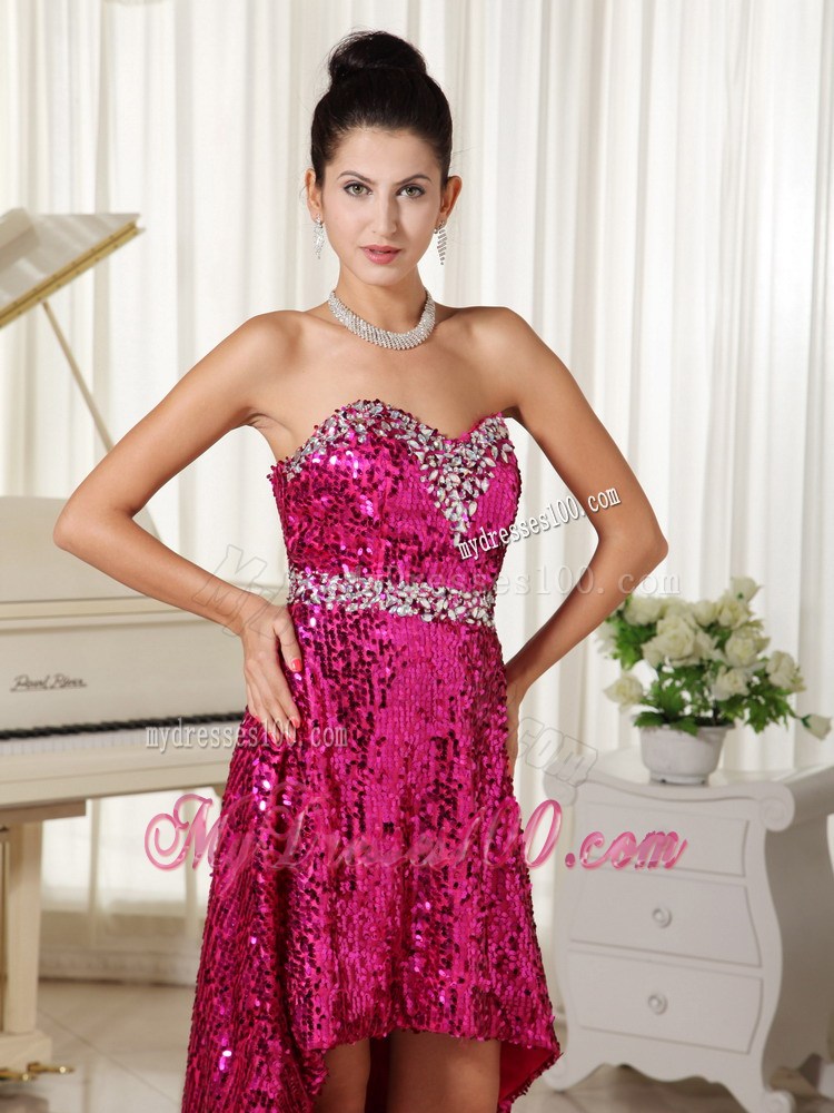 Beaded Hot Pink Sweetheart High-low Prom Dress with Sequins Over Skirt