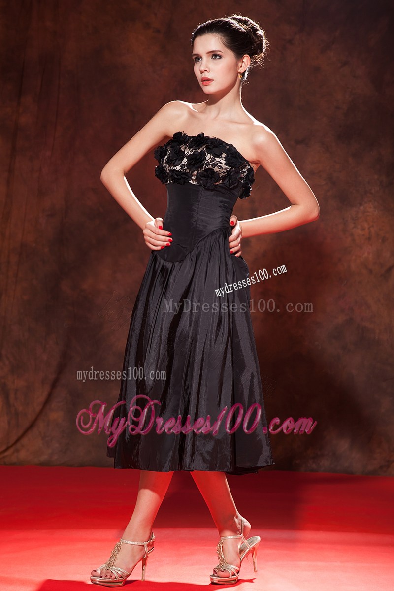 Flowers and Ruches Accent Tea-length Black A-line Prom Gown Hot on Sale