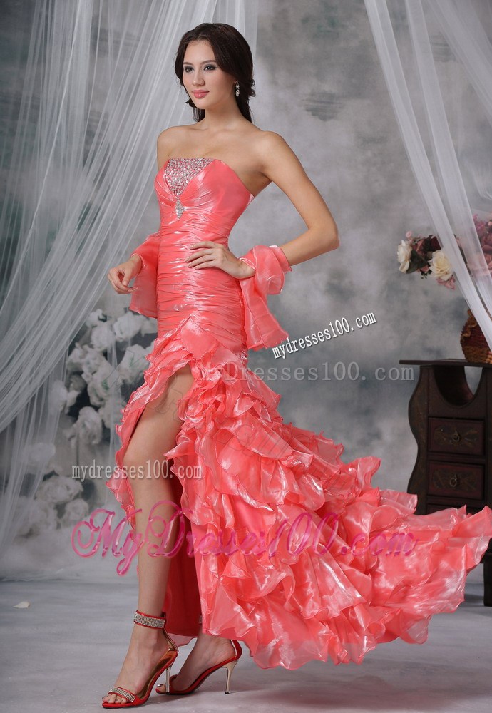 Watermelon Red High-low Organza Prom Dress with Beading and Ruffles