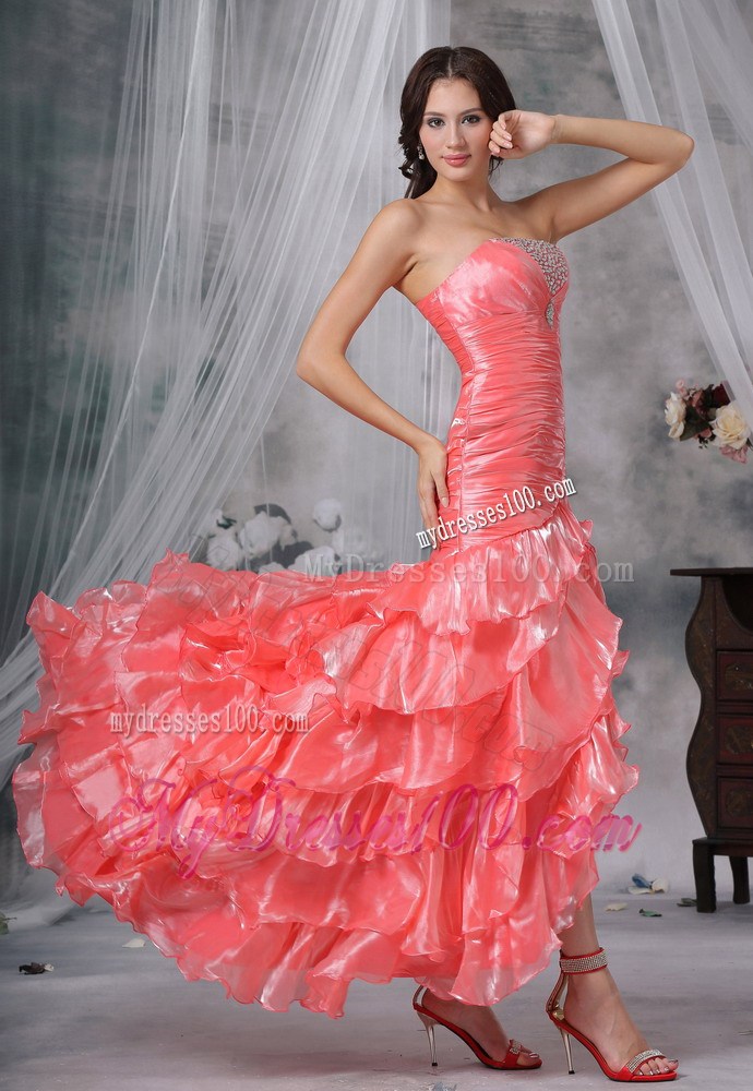 Watermelon Red High-low Organza Prom Dress with Beading and Ruffles