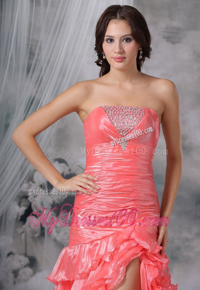 Watermelon Red High-low Organza Prom Dress with Beading and Ruffles