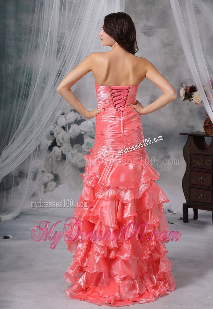 Watermelon Red High-low Organza Prom Dress with Beading and Ruffles