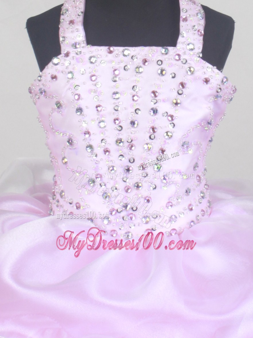 2013 Brand New Halter Baby Pink Flower Girl Pageant Dress With Beaded and Ruffled Layers Decorate