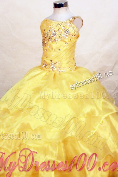 2013 Yellow Beautiful Beaded Decorate Bust Little Girl Pageant Dresses With One Shoulder Neck Ruffles