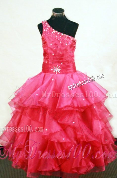 Beading Lovely One Shoulder Floor-Length One Shoulder Coral Red Ball Gown Little Girl Pageant Dresses