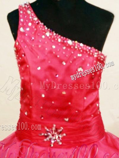 Beading Lovely One Shoulder Floor-Length One Shoulder Coral Red Ball Gown Little Girl Pageant Dresses