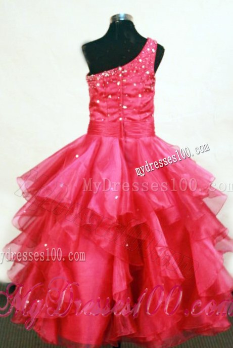 Beading Lovely One Shoulder Floor-Length One Shoulder Coral Red Ball Gown Little Girl Pageant Dresses