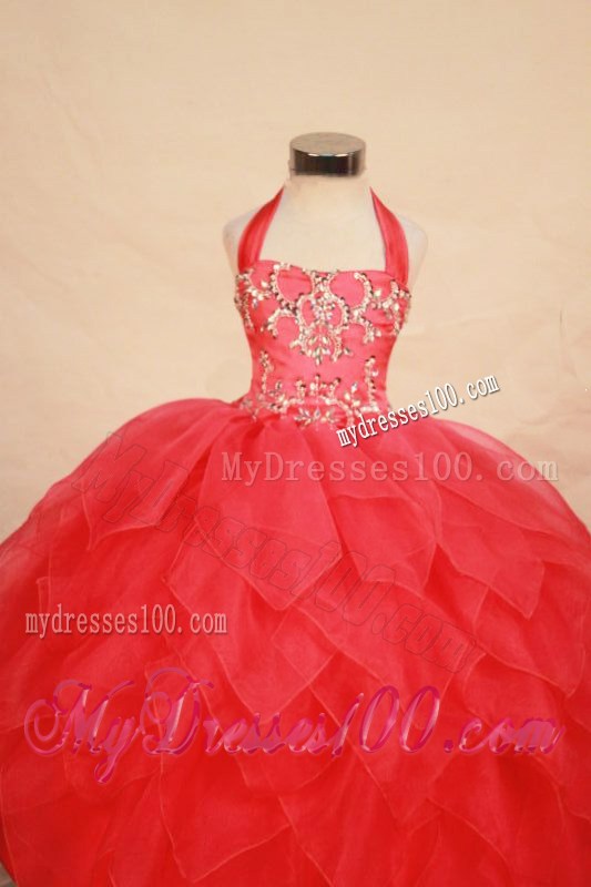 Beading Modest Halter Ball gown Floor-length Red Little Girl Pageant Dresses