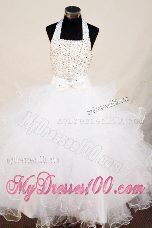 2014 Beading Sweet Ball Gown Halter White Little Girl Pageant Dresses