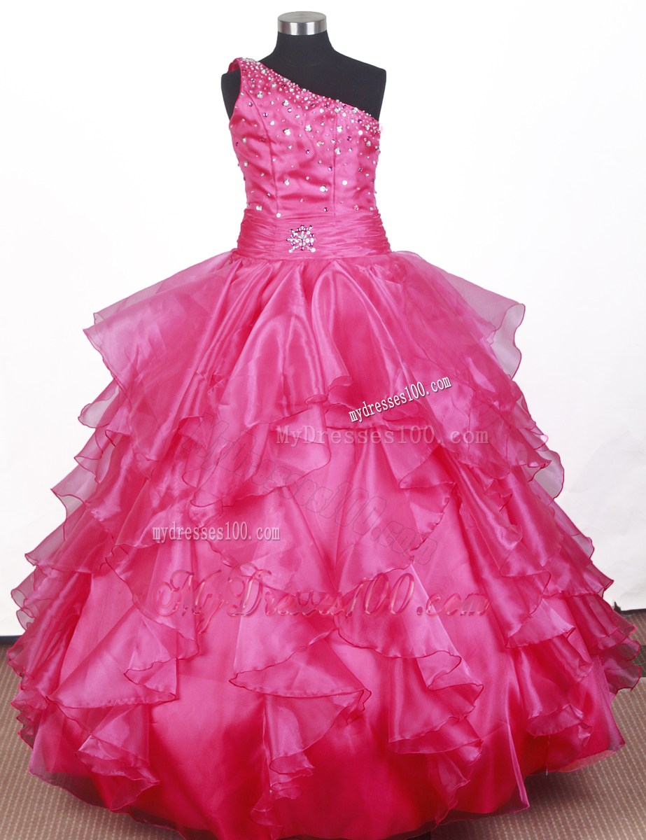 Beautiful One Shoulder Floor-length Beading Ruffles Little Gril Pageant Dress