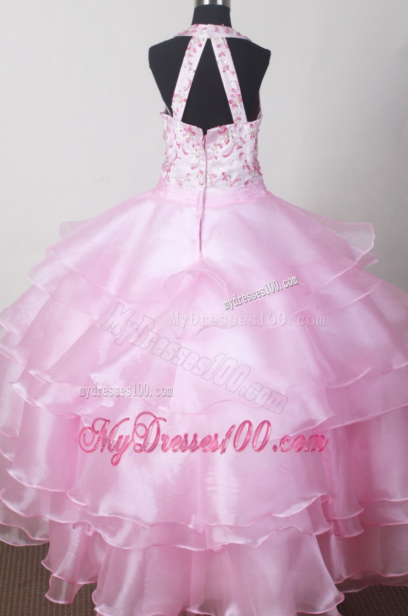 Beautiful Halter Top Little Girl Pageant Dresses With Embroidery Decorate Bodice