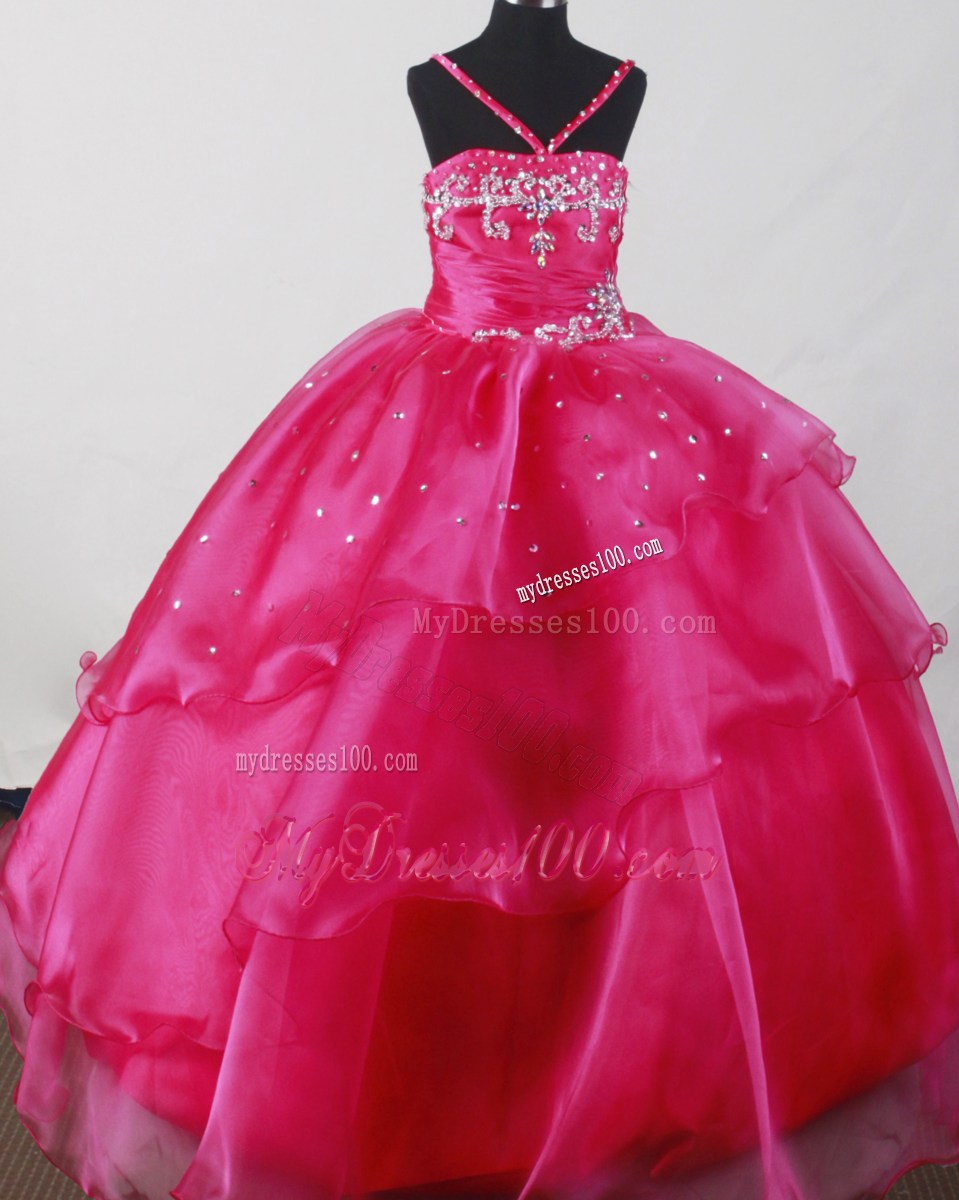 Beautiful Straps Fuchsia Little Girl Pageant Dresses With Beading Organza Halter Beading