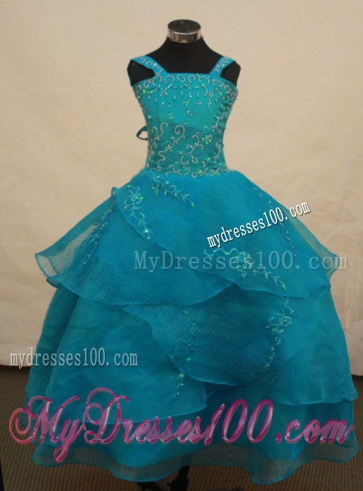 Beautiful Teal Flower Girl Pageant Dress With Appliques Decorate On Organza Straps Neckline