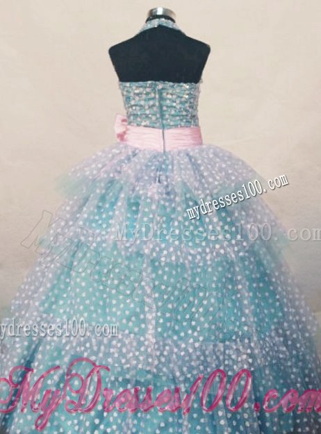 Bowknot Ball Gown Halter Top Turquoise And White Beading Little Girl Pageant Dresses Hottest