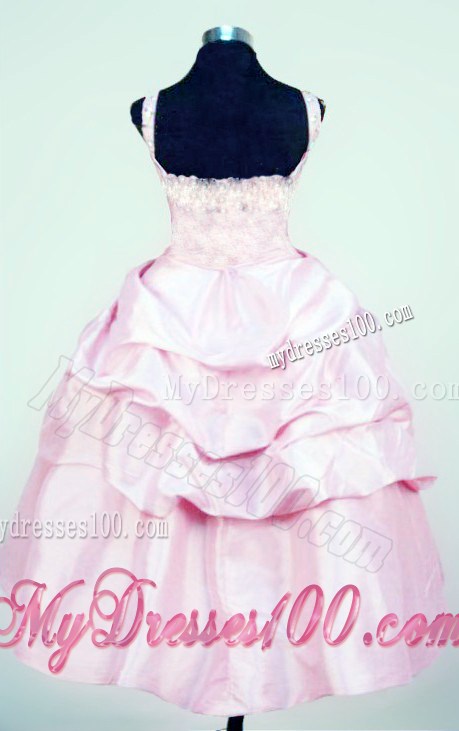 Bow Straps Baby Pink Beading Little Girl Pageant Dress For Custom Made