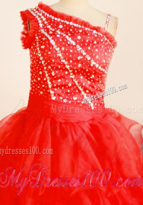 Brand New Ball Gown One Shoulder Red Little Girl Pageant Dresses Floor-Length