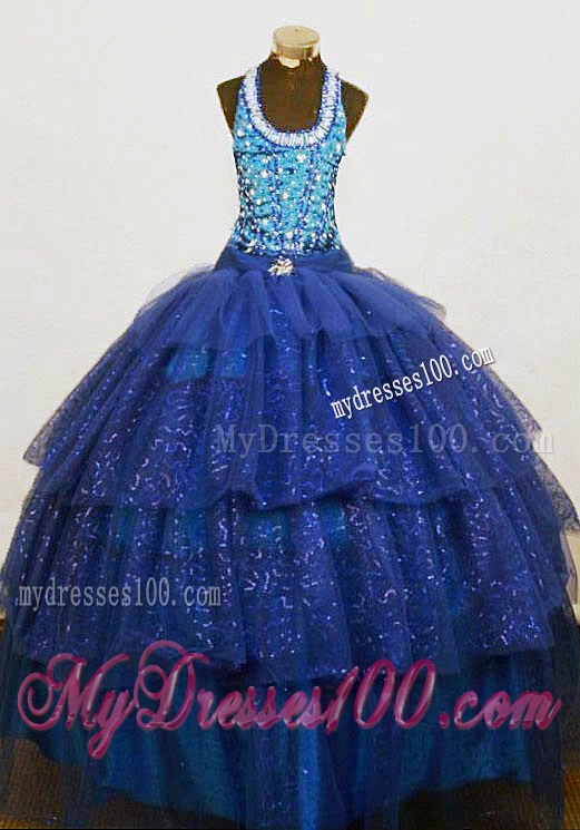 Brand New Beaded Halter Blue Little Girl Pageant Dresses with Beading