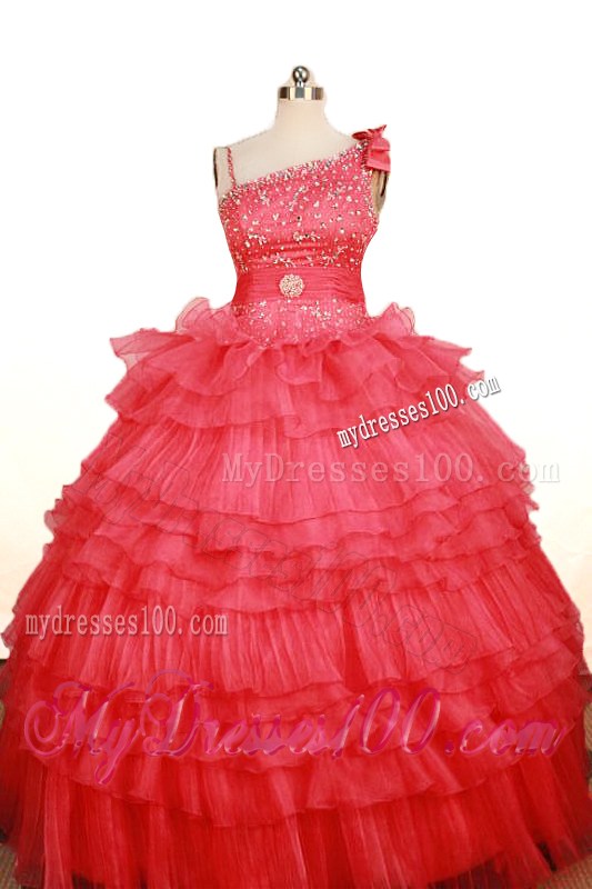 Custom Made Coral Red Little Girl Pageant Dress Asymmetrical Floor-Length Organza