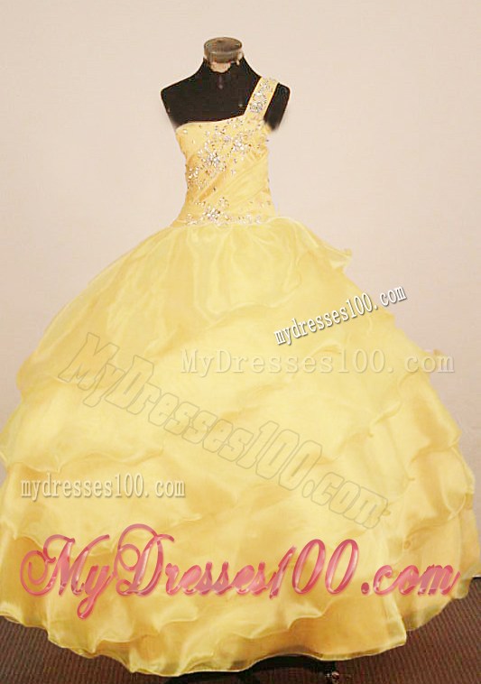 Custom Made Little Girl Pageant Dress One Shulder Neck Floor-Length Yellow Ball Gown